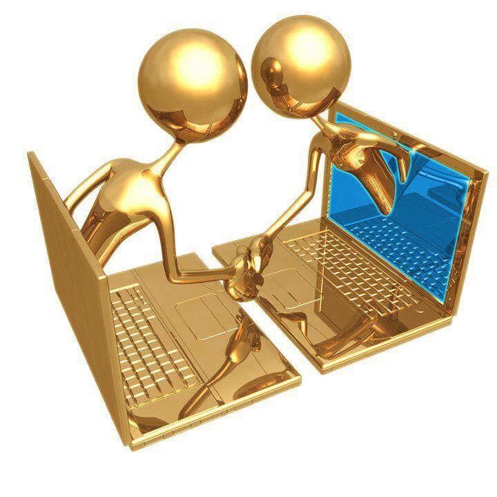 An illustration of two golden people shaking hands out of computer screens.